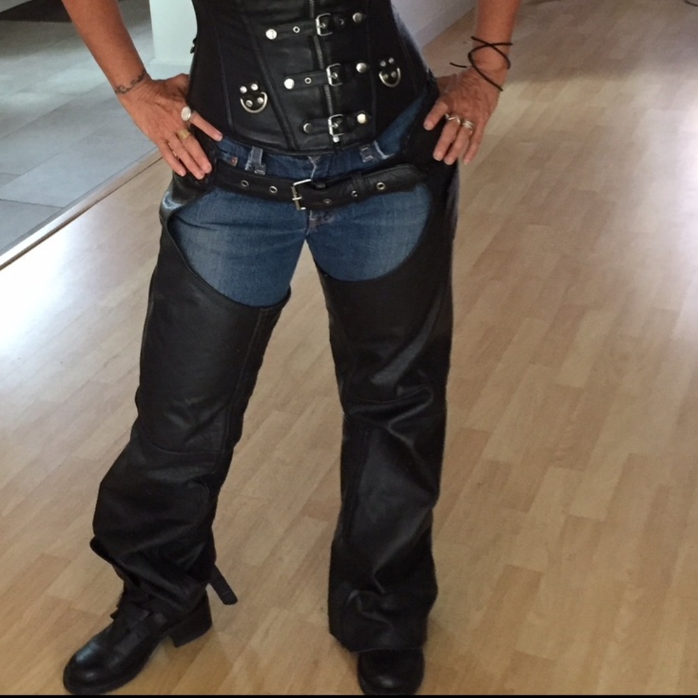 black leather chaps and vest